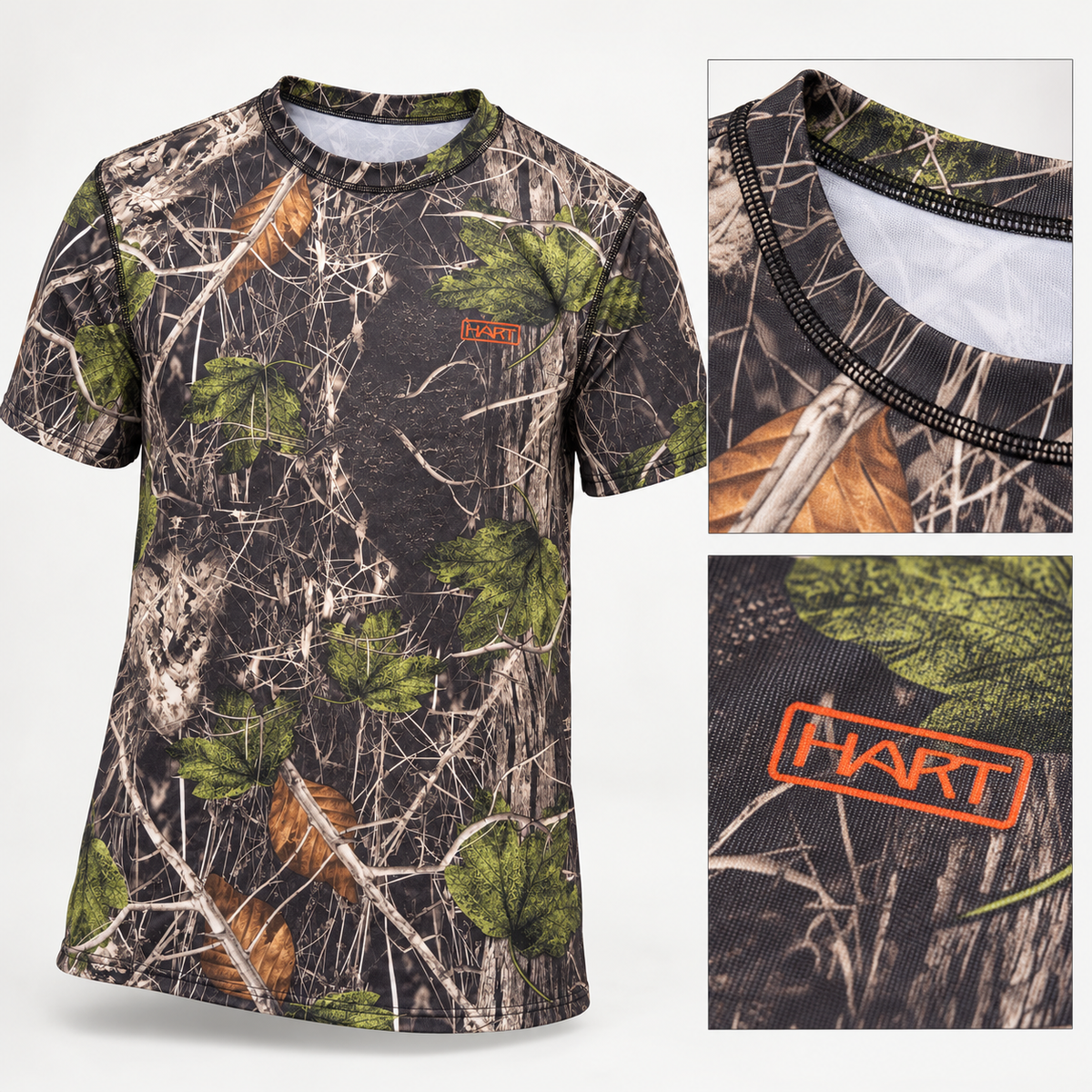 Detalles de cuello, costuras y logo de la camiseta HART Crew-S Camo Forest