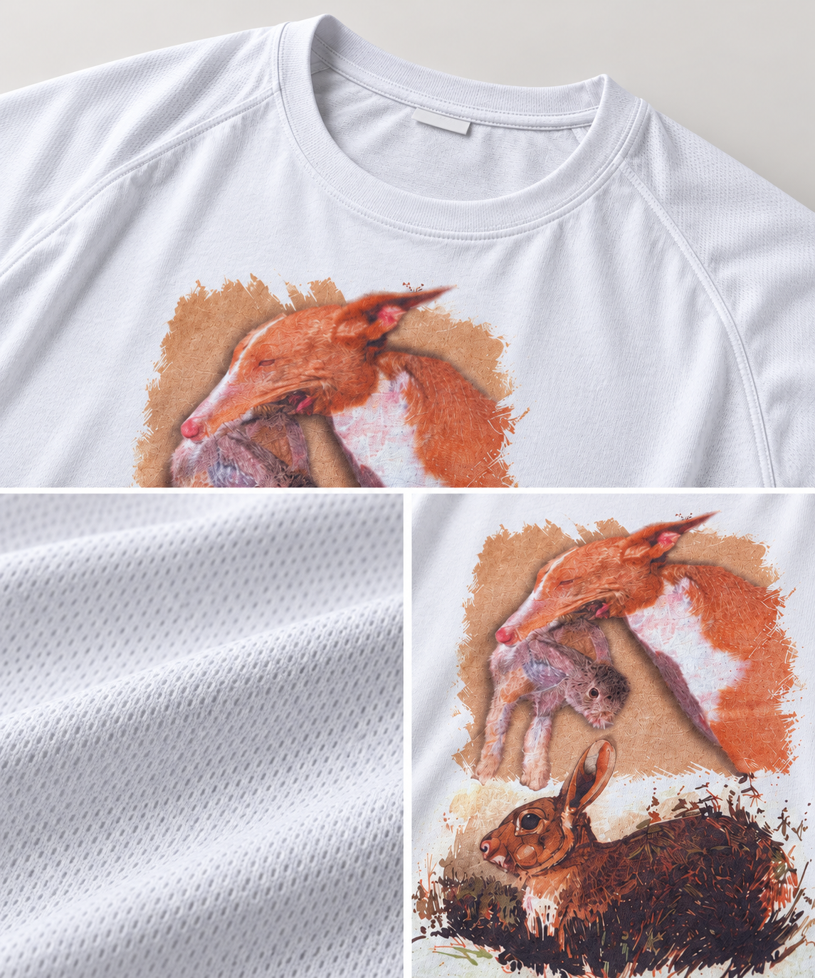 Detalles de tejido, cuello y estampado de la camiseta Valento Resistance Conejos
