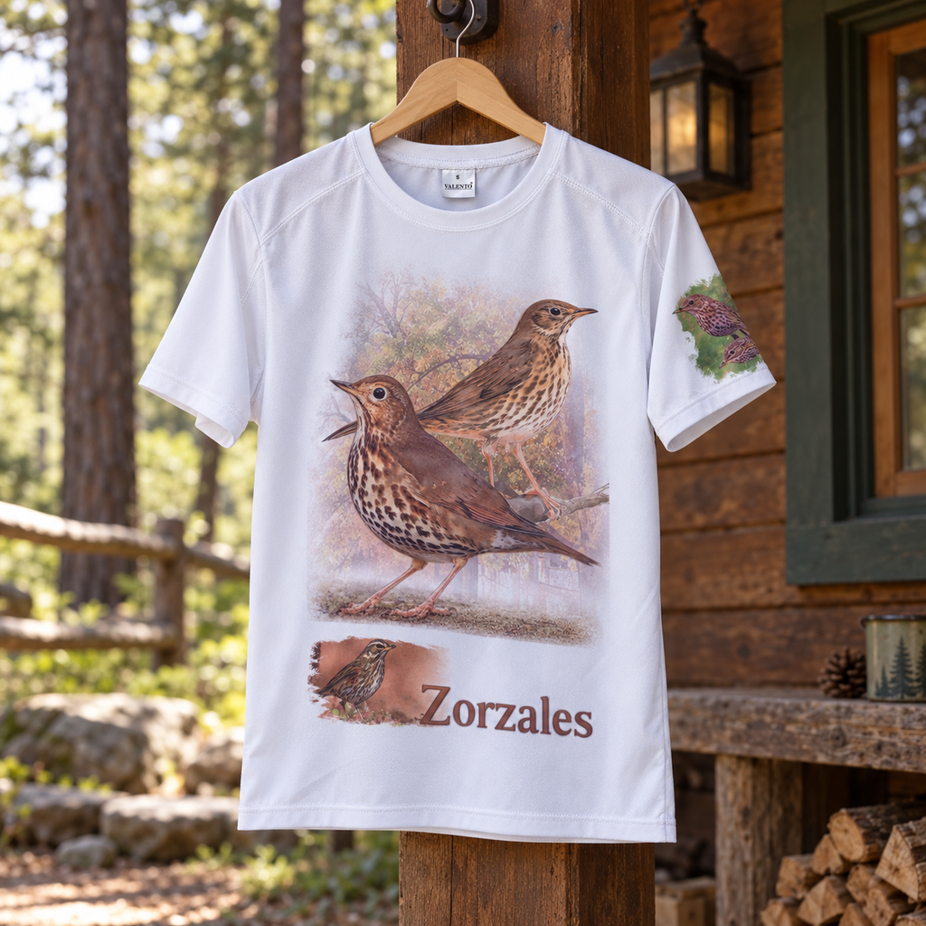 Camiseta Valento blanca con zorzales en ambiente de bosque