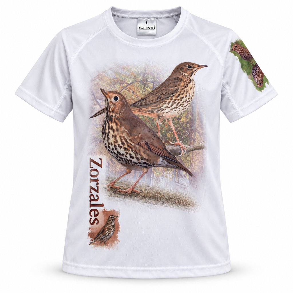 Camiseta Valento blanca con estampado de zorzales talla S, vista frontal sobre fondo blanco