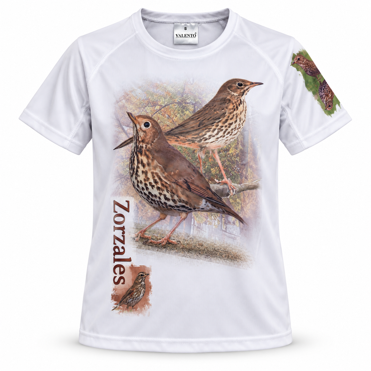 Camiseta Valento blanca con estampado de zorzales talla S, vista frontal sobre fondo blanco
