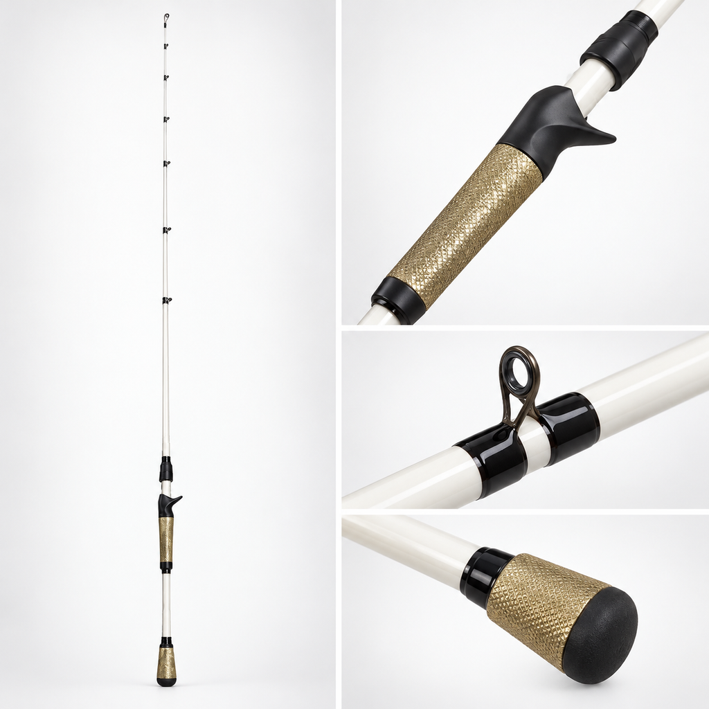 Detalles de la caña de casting Okuma blanca y dorada