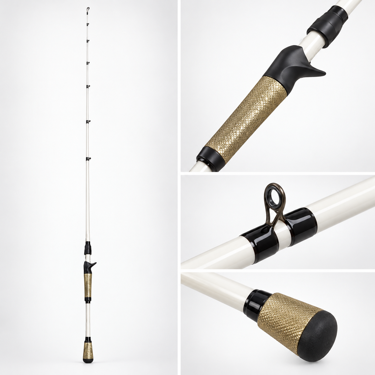 Detalles de la caña de casting Okuma blanca y dorada