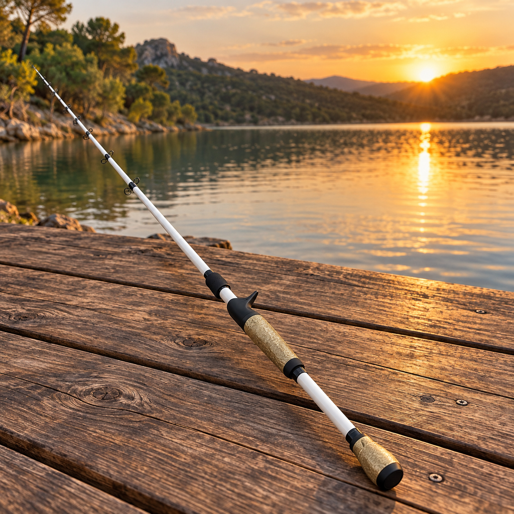 Caña de casting Okuma blanca y dorada junto a un lago