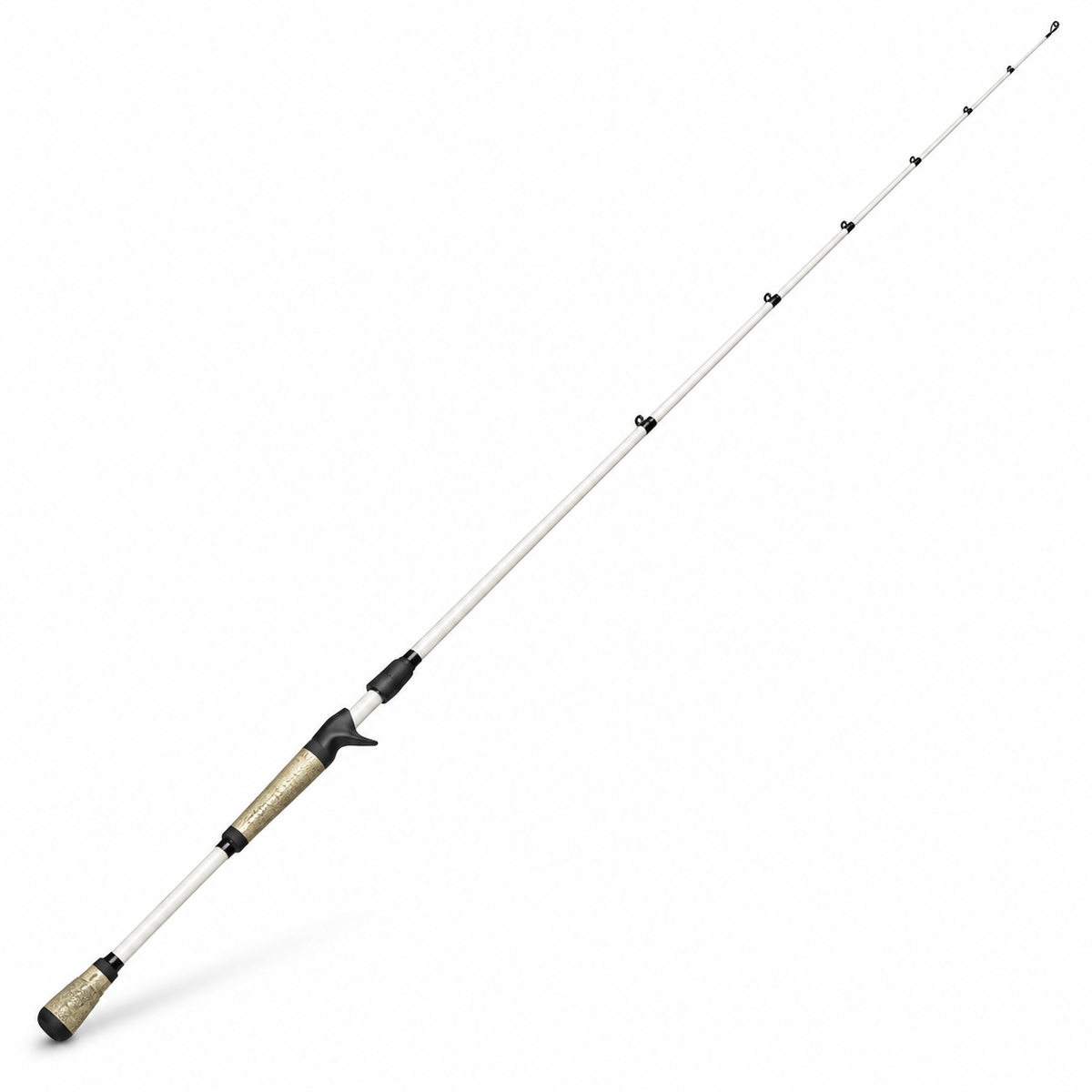 Caña de casting Okuma blanca y dorada sobre fondo blanco
