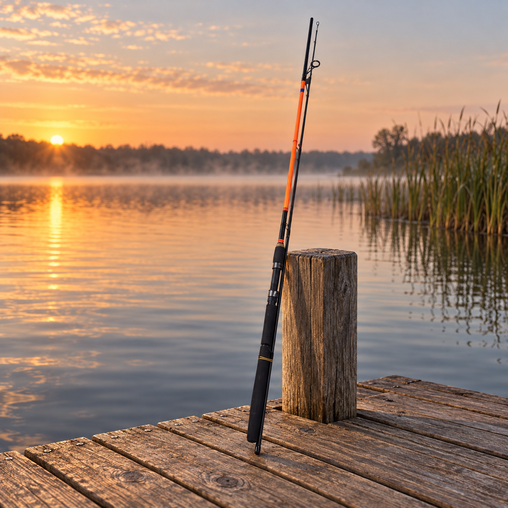 Caña de pesca naranja y negra junto a un lago