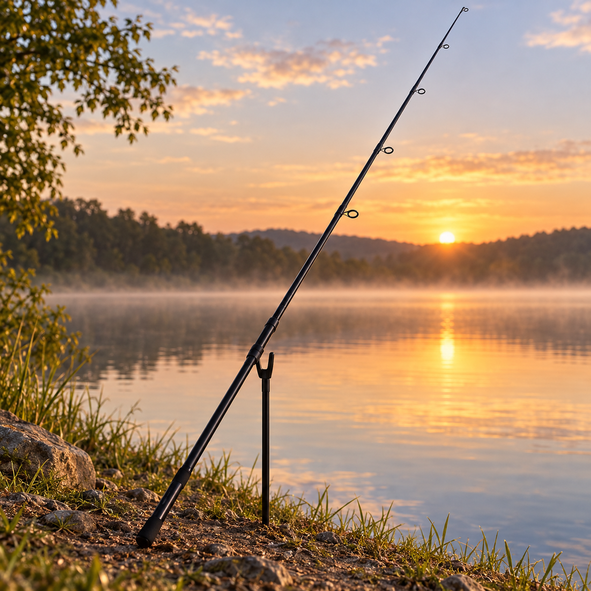 Caña de pesca negra de dos piezas junto a un lago