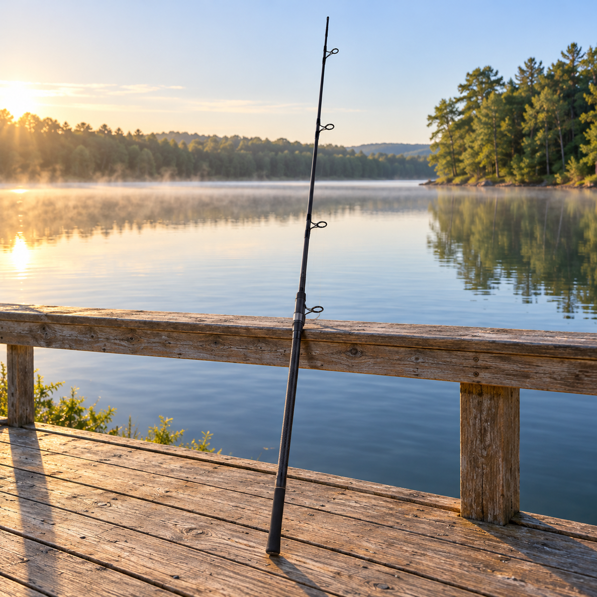 Caña de pesca negra de dos tramos junto a un lago