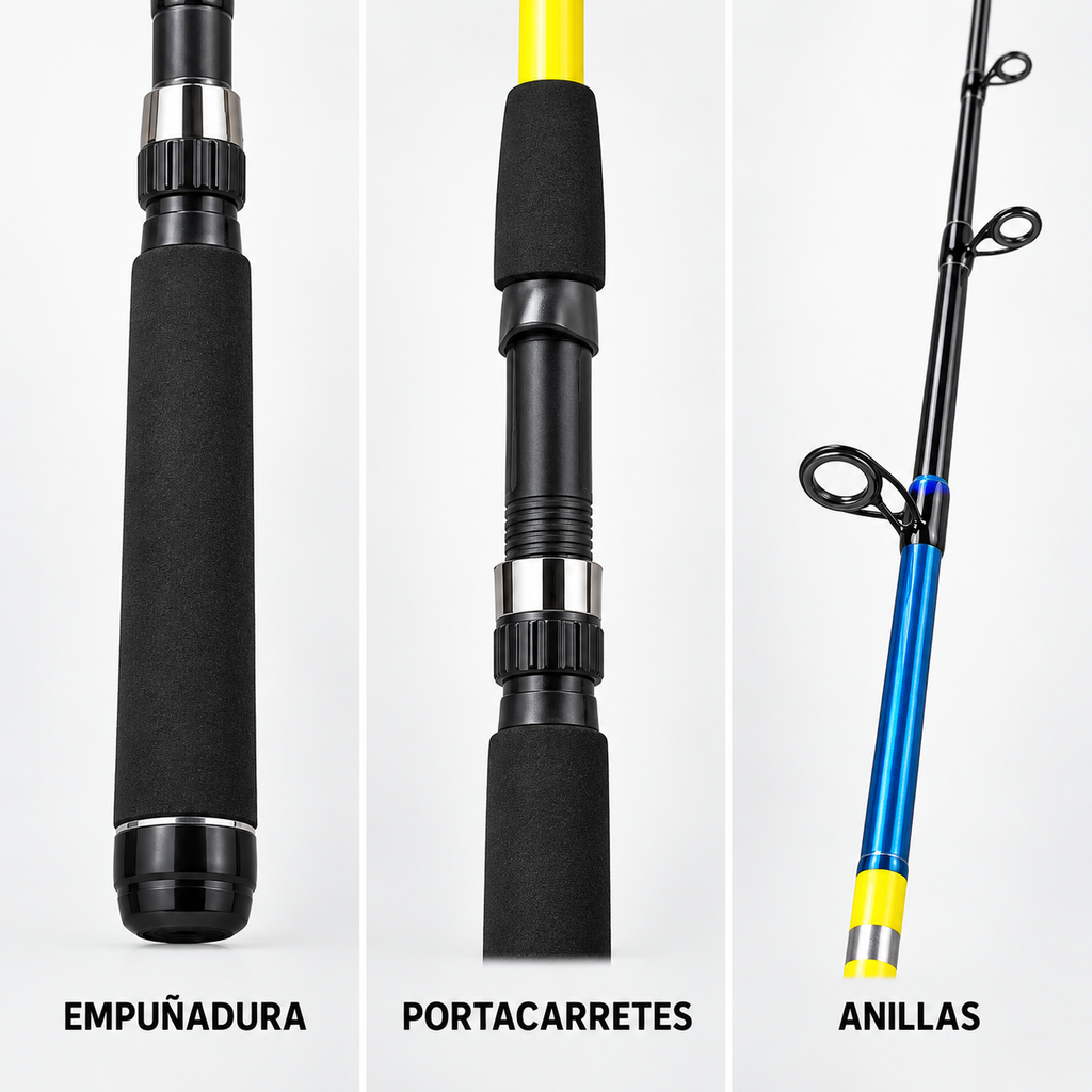 Detalles de empuñadura, portacarretes y anillas de la caña Ryobi