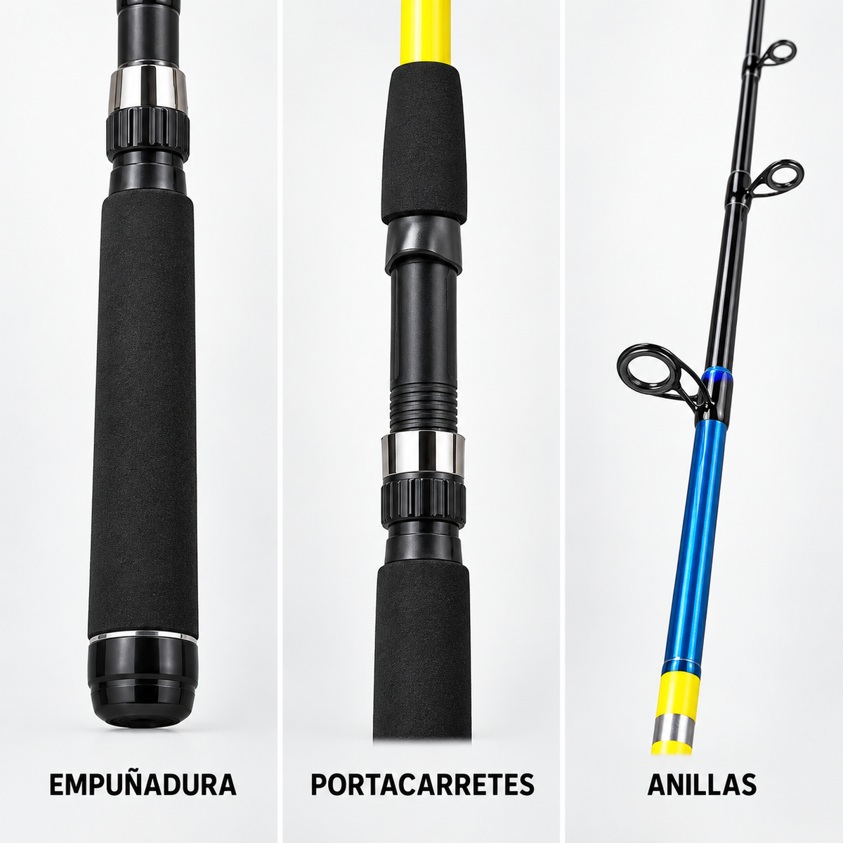 Detalles de empuñadura, portacarretes y anillas de la caña Ryobi