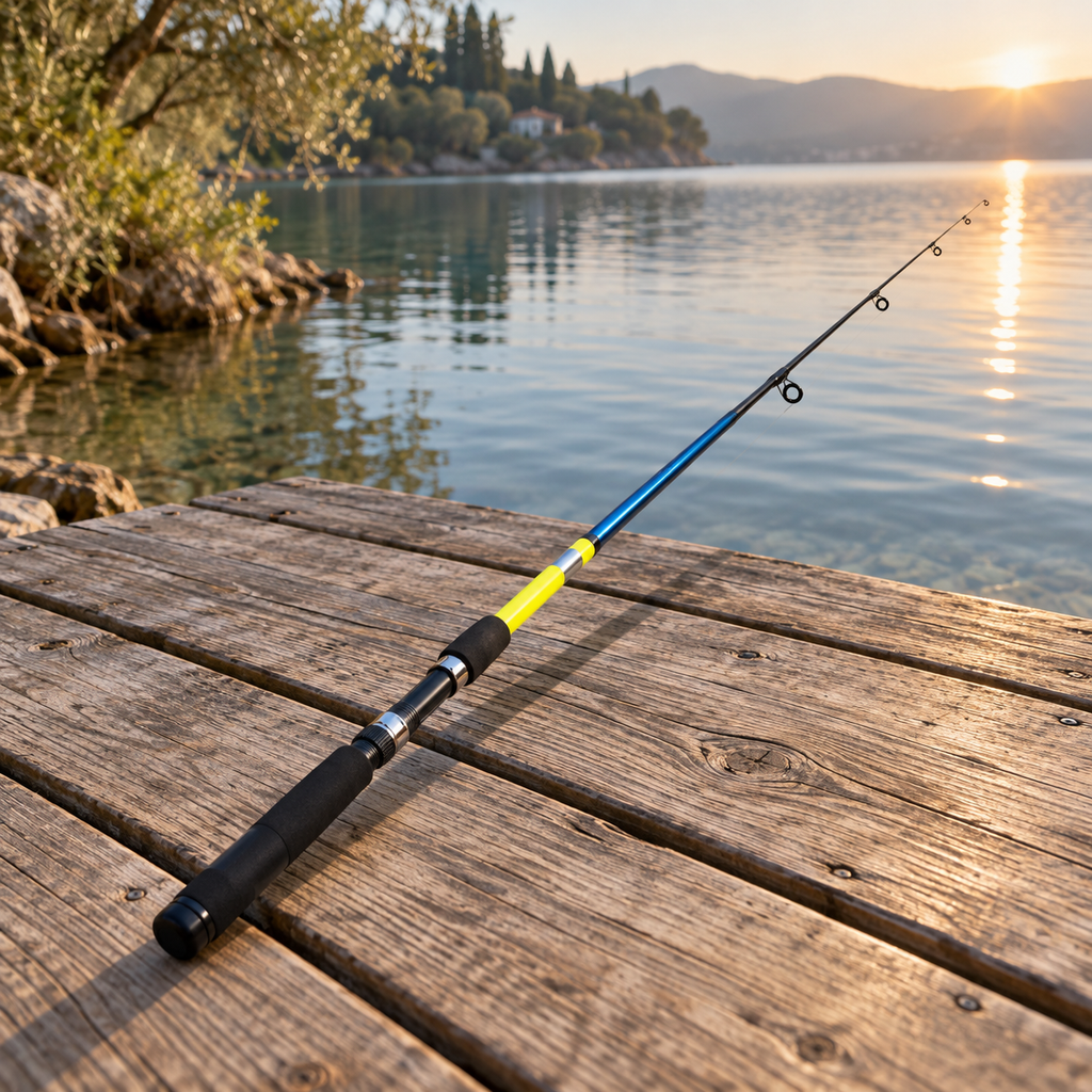 Caña de pesca Ryobi azul y amarilla junto a un lago