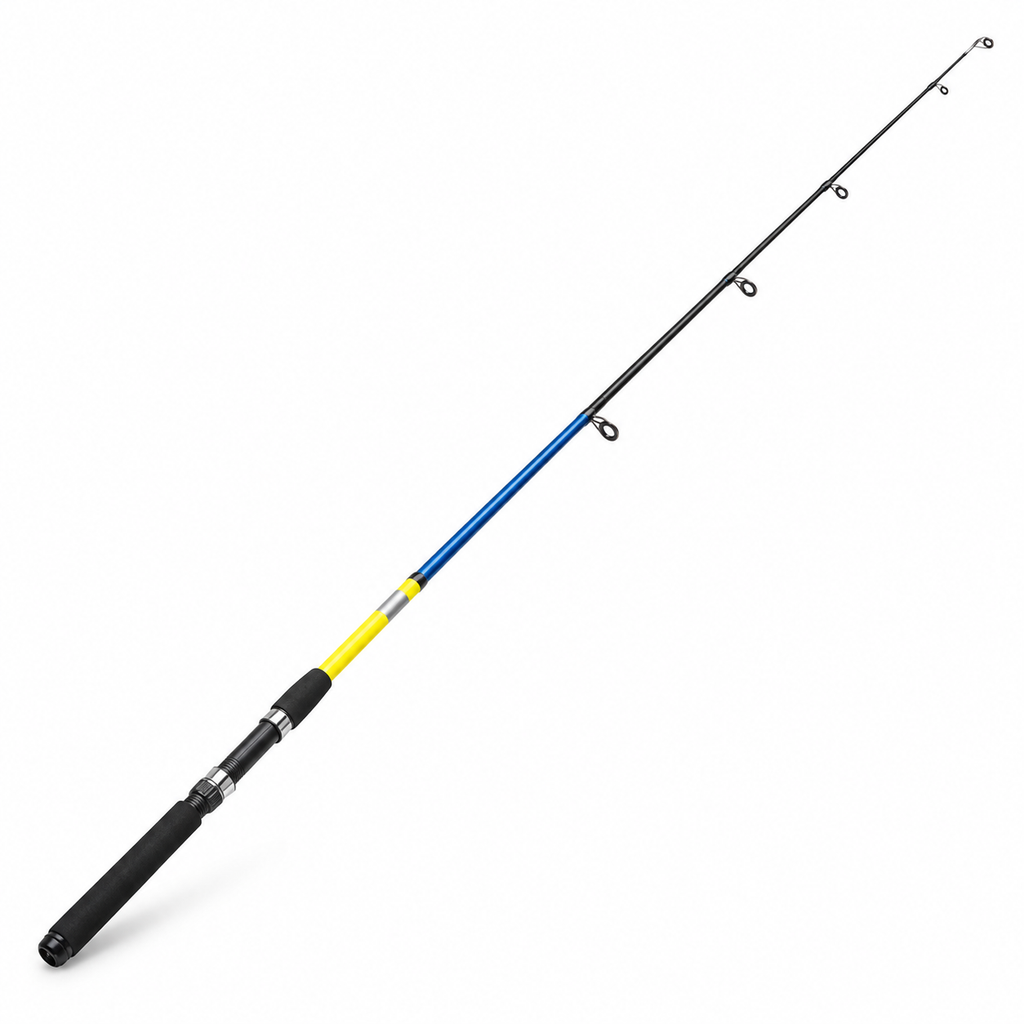 Caña de pesca Ryobi azul, amarilla y negra sobre fondo blanco