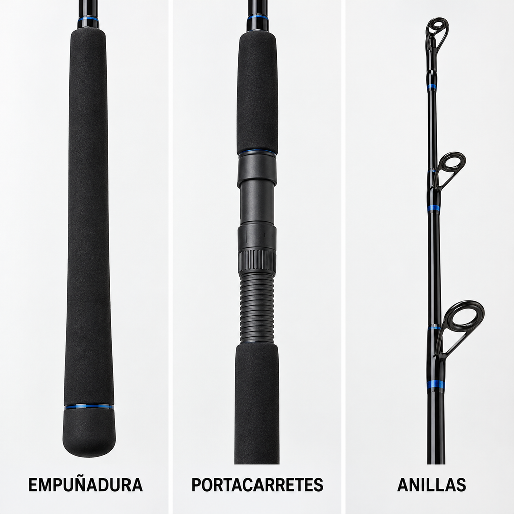Detalles de empuñadura, portacarretes y anillas de la caña Storm negra