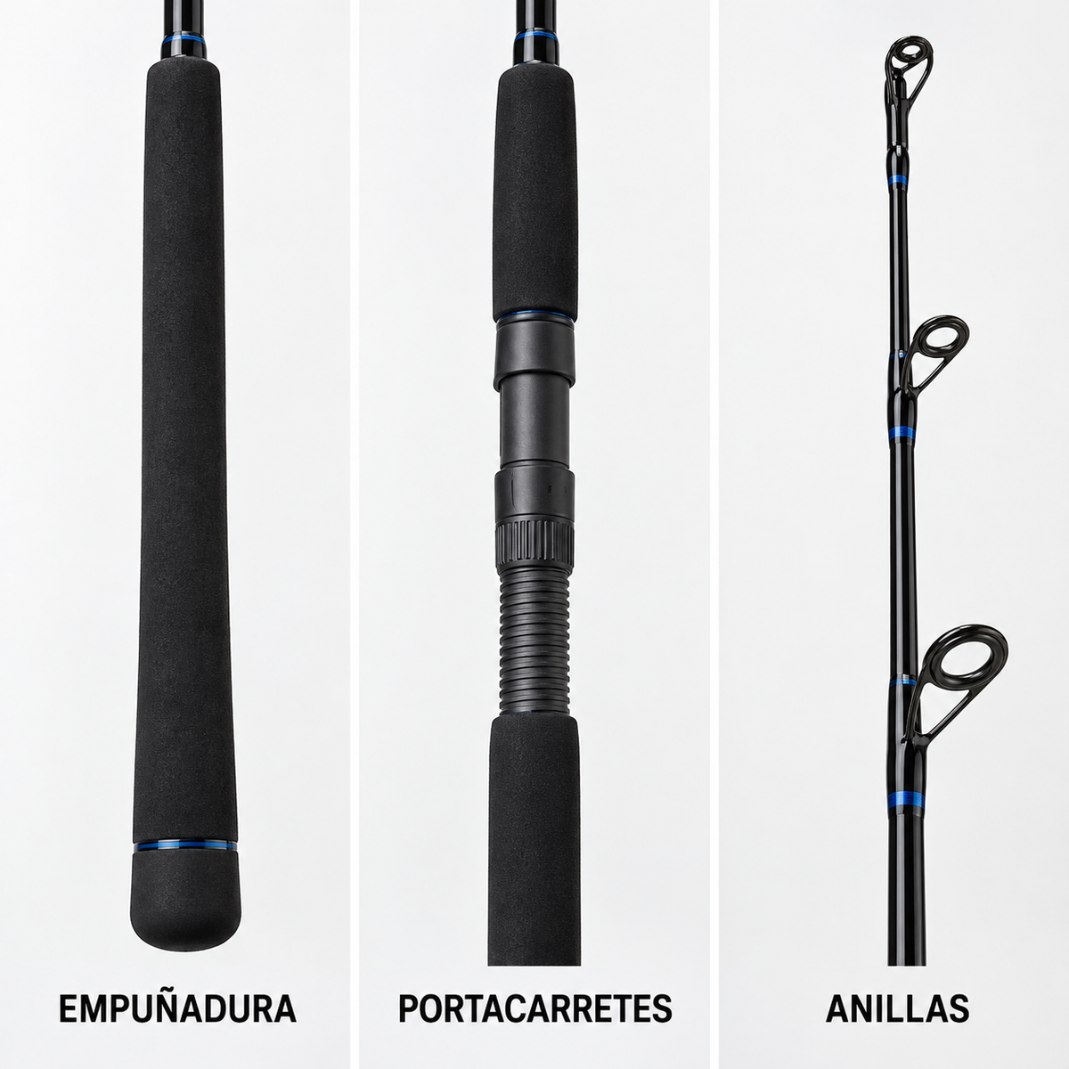Detalles de empuñadura, portacarretes y anillas de la caña Storm negra