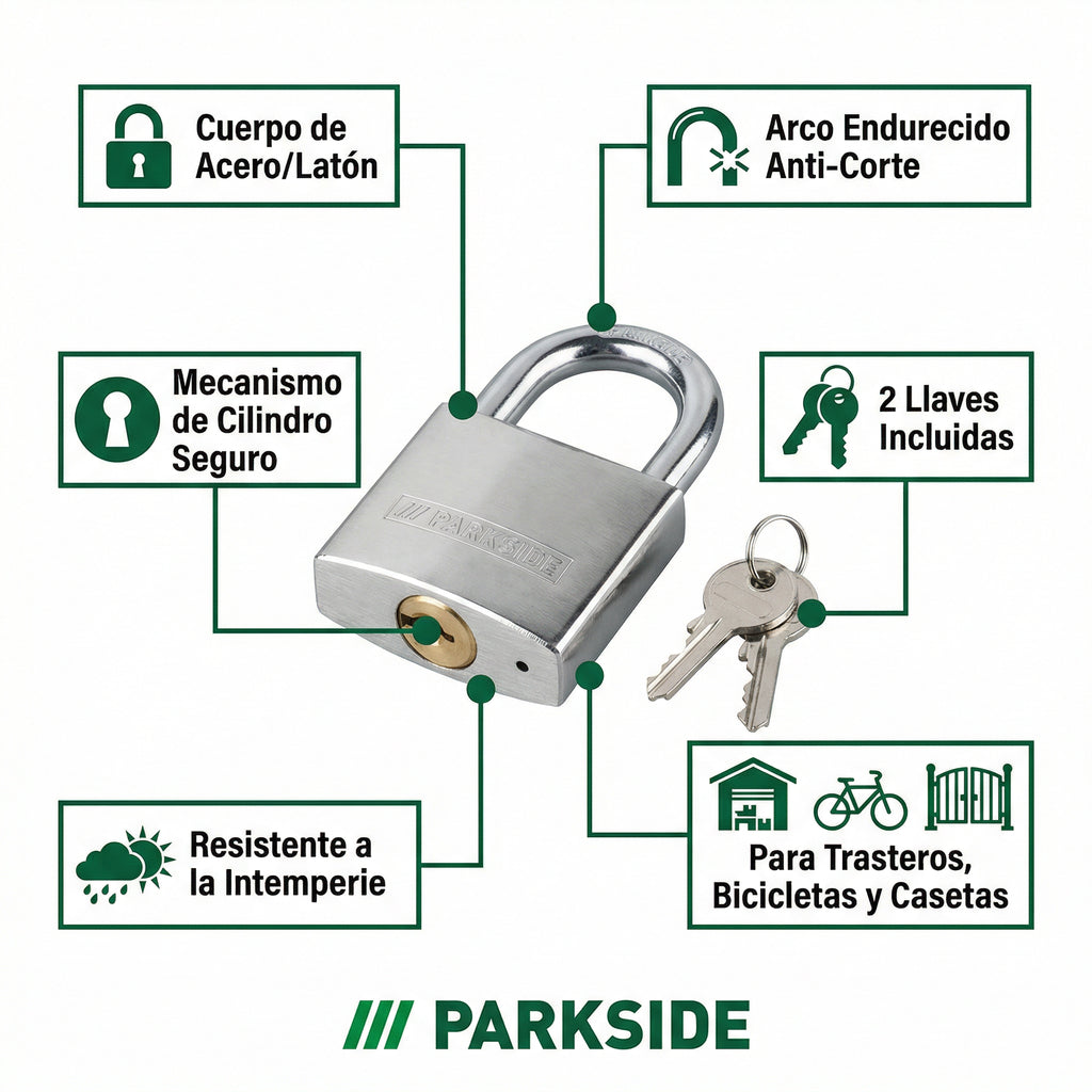 Candado de Seguridad Acero Endurecido con 2 Llaves | Parkside