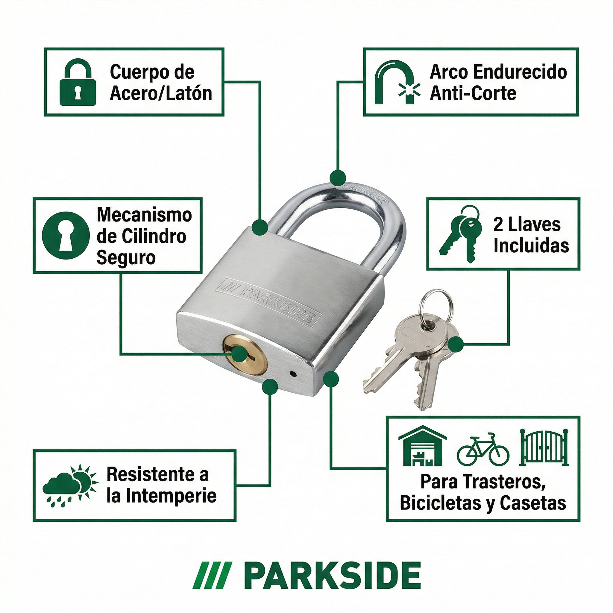Candado de Seguridad Acero Endurecido con 2 Llaves | Parkside