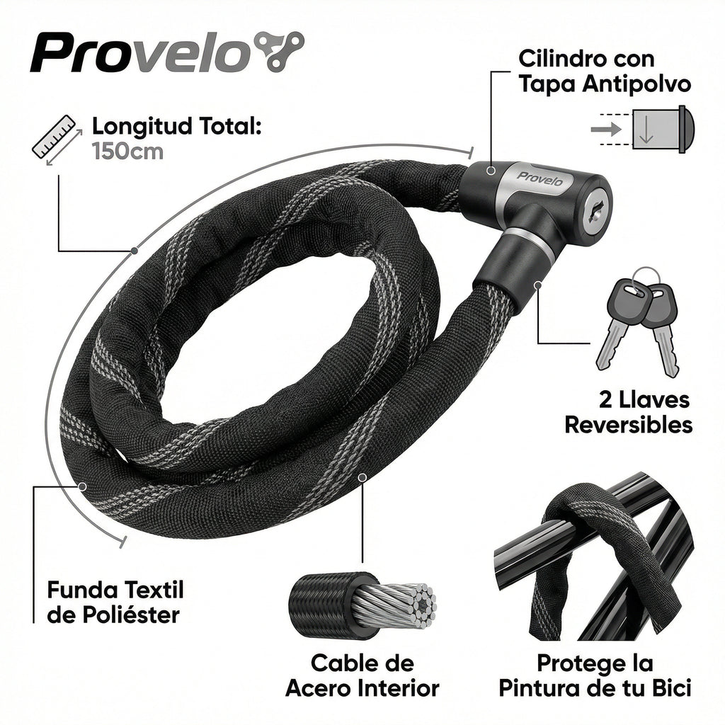 Candado Textil para Bicicleta 150cm con 2 Llaves | Provelo