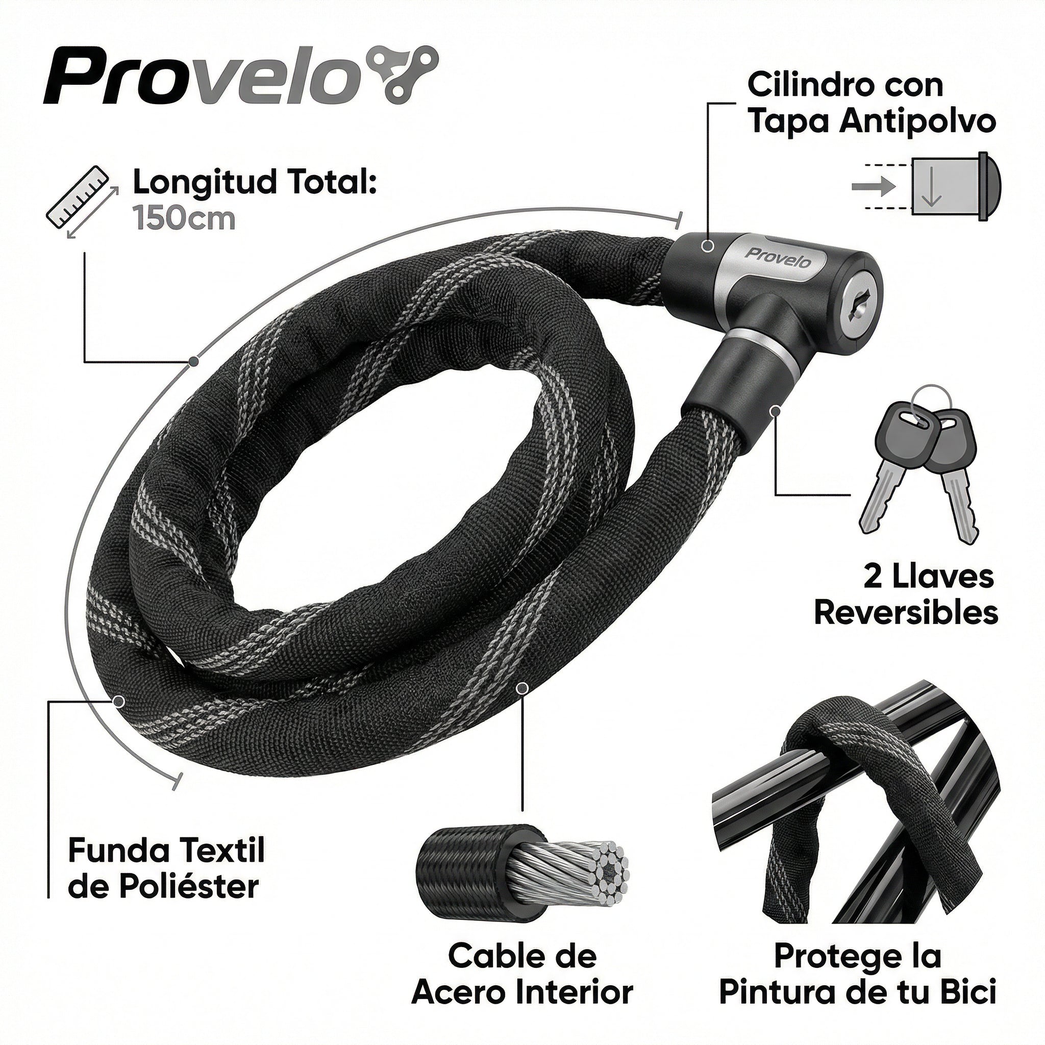 Candado Textil para Bicicleta 150cm con 2 Llaves | Provelo