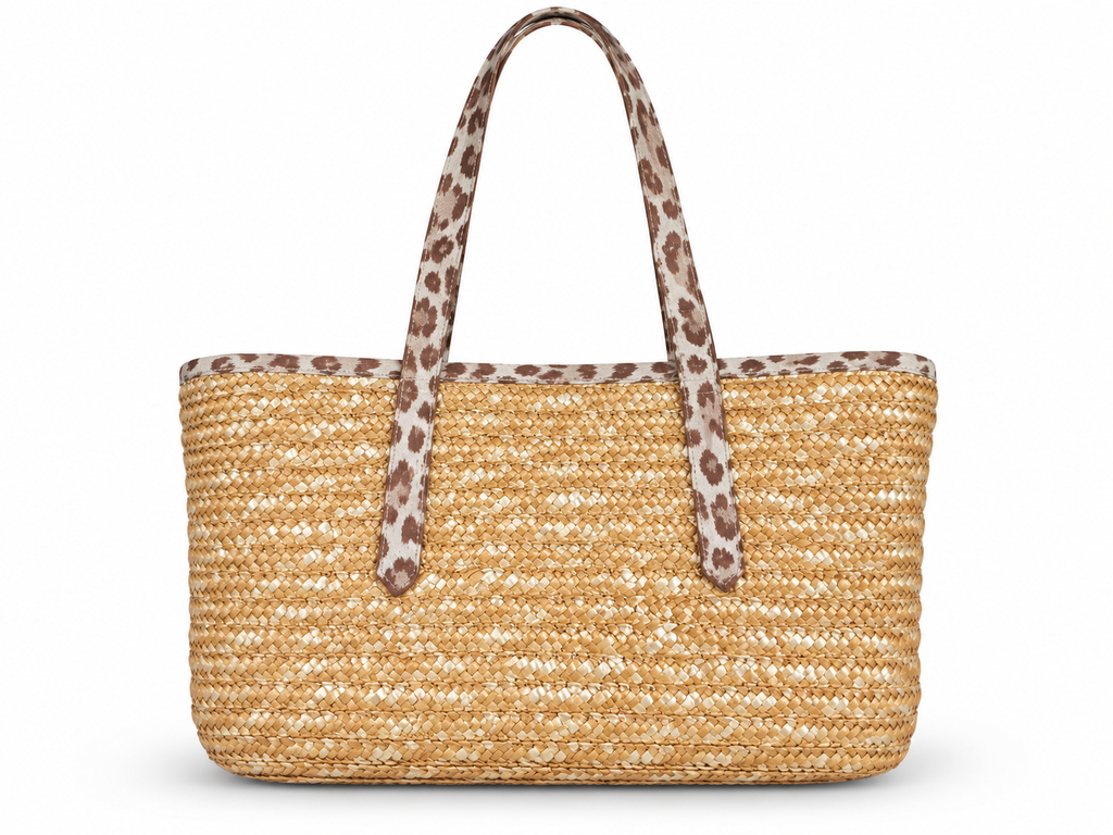 Capazo trenzado natural con asas de estampado animal · principal