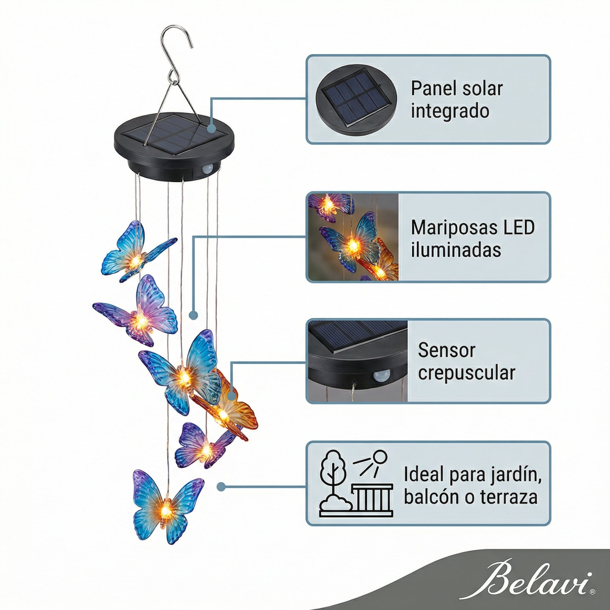 Carillón Solar LED Mariposas Colgante con Sensor Crepuscular Cambio Color | Belavi
