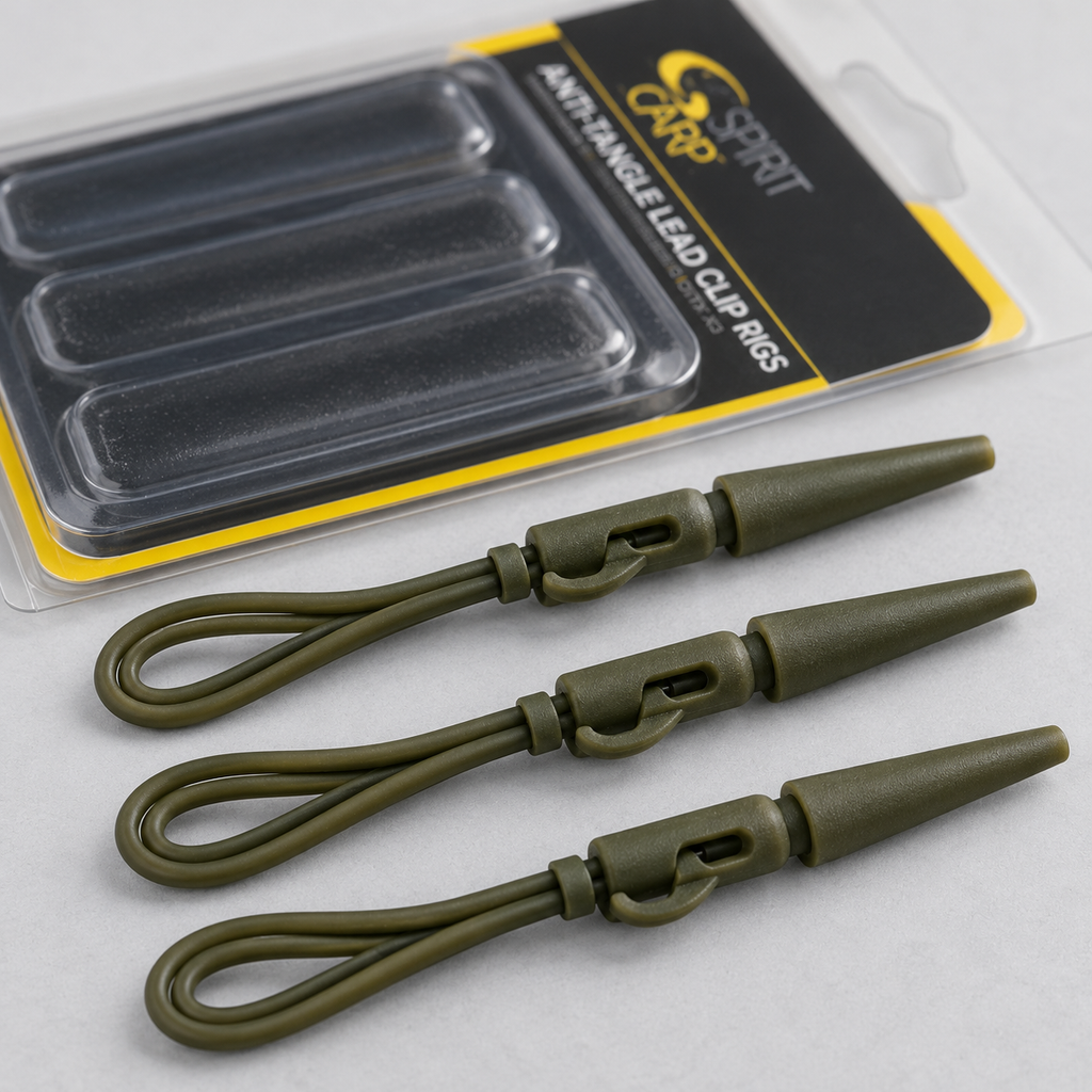 Detalle de tres Carp Spirit Anti-Tangle Lead Clip Rigs Weed Green