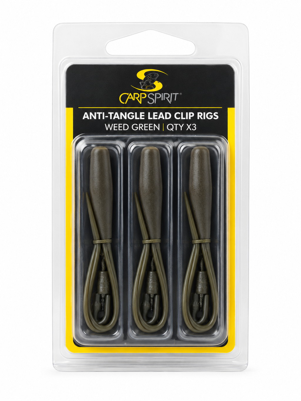 Carp Spirit Anti-Tangle Lead Clip Rigs Weed Green x3 sobre fondo blanco
