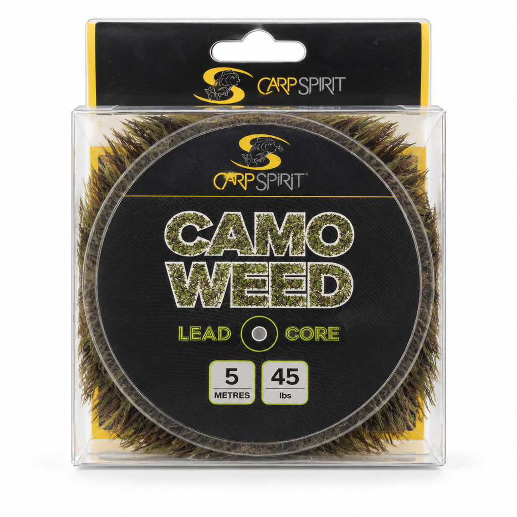 Carp Spirit Camo Weed Lead Core 45 lb 5 m sobre fondo blanco