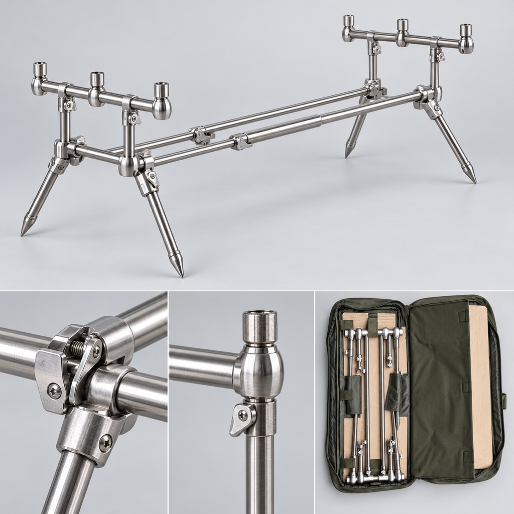 Detalles del rod pod Carp Spirit INOX 300 y bolsa de transporte