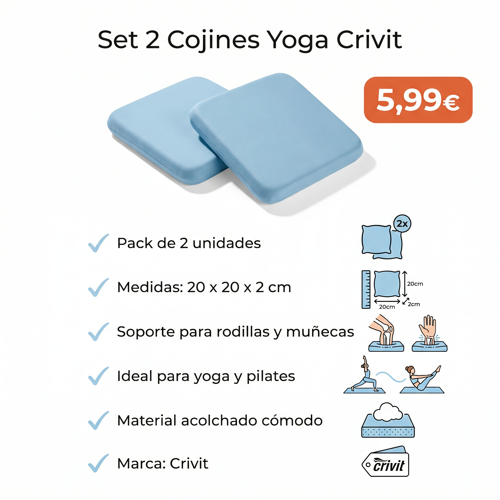 Set 2 Cojines Yoga/Rodilla Crivit 20x20cm