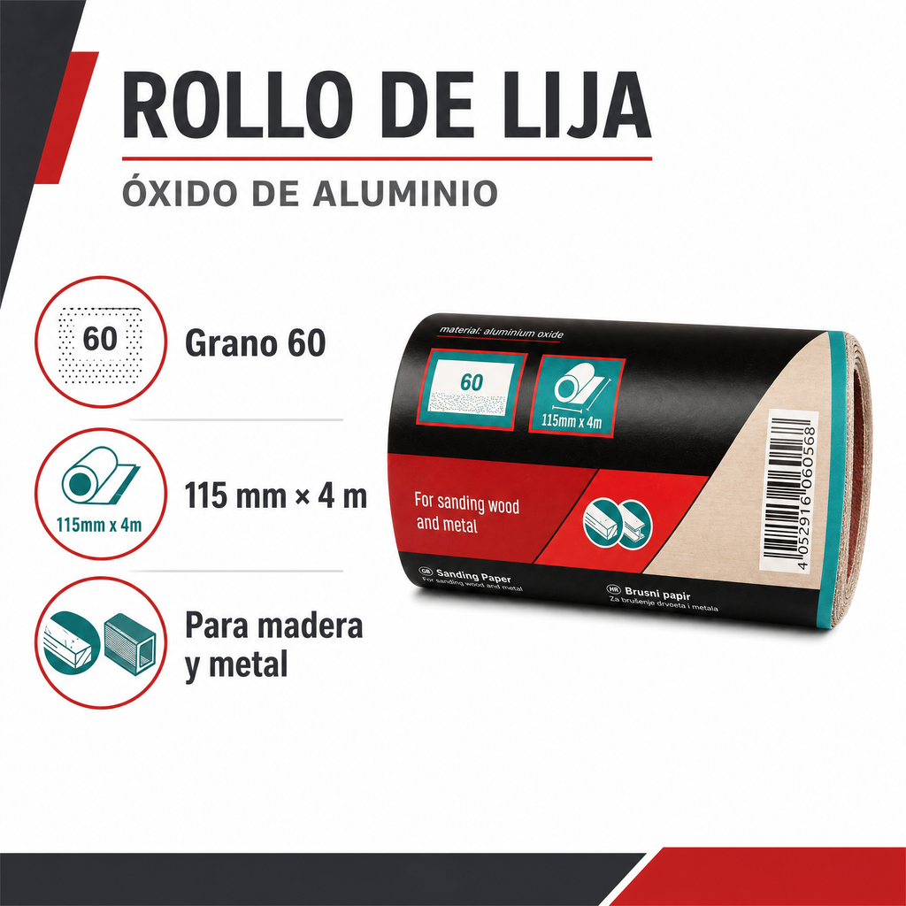 Rollo de papel de lija 115 mm x 4 m, grano 60 para madera y metal