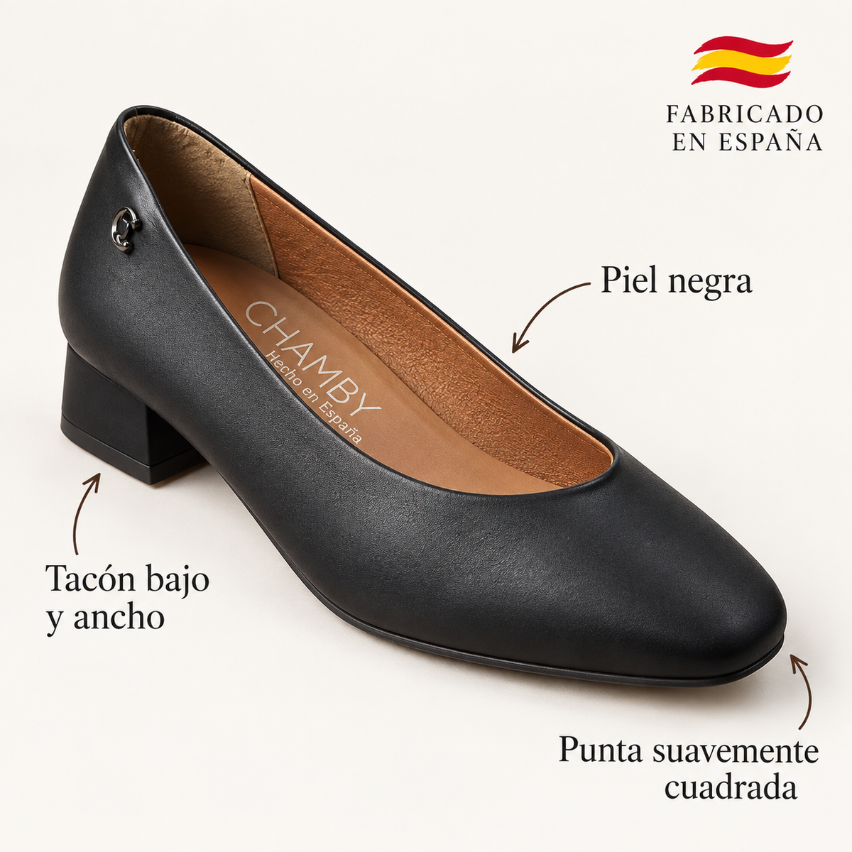 Características de los zapatos CHAMBY 16858: piel negra, tacón bajo y ancho, punta suavemente cuadrada y fabricado en España