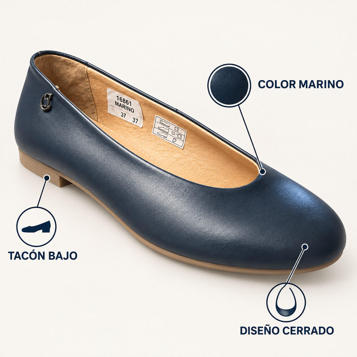 Características del CHAMBY 16861: color marino, tacón bajo y diseño cerrado