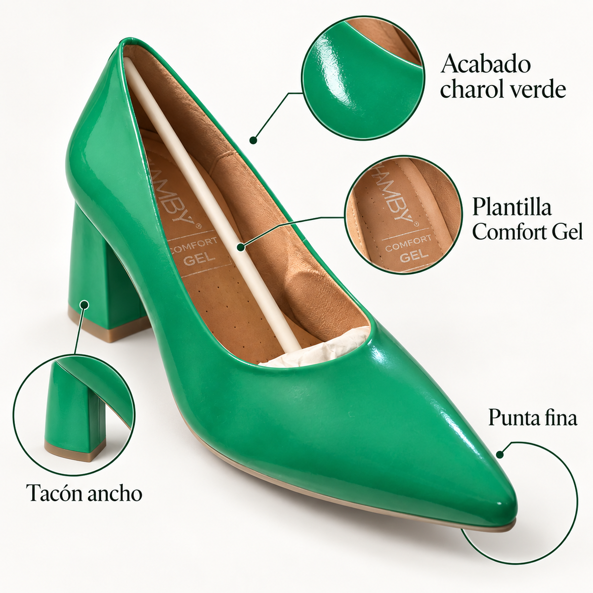 Características de los zapatos CHAMBY 4350: charol verde, punta fina, Comfort Gel y tacón ancho