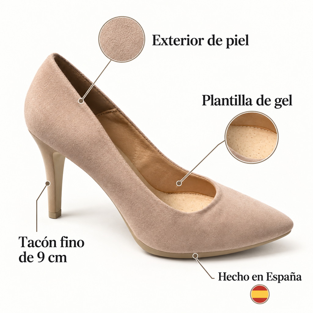 Características de los zapatos CHAMBY 4350: piel, plantilla de gel, tacón fino de 9 cm y hecho en España