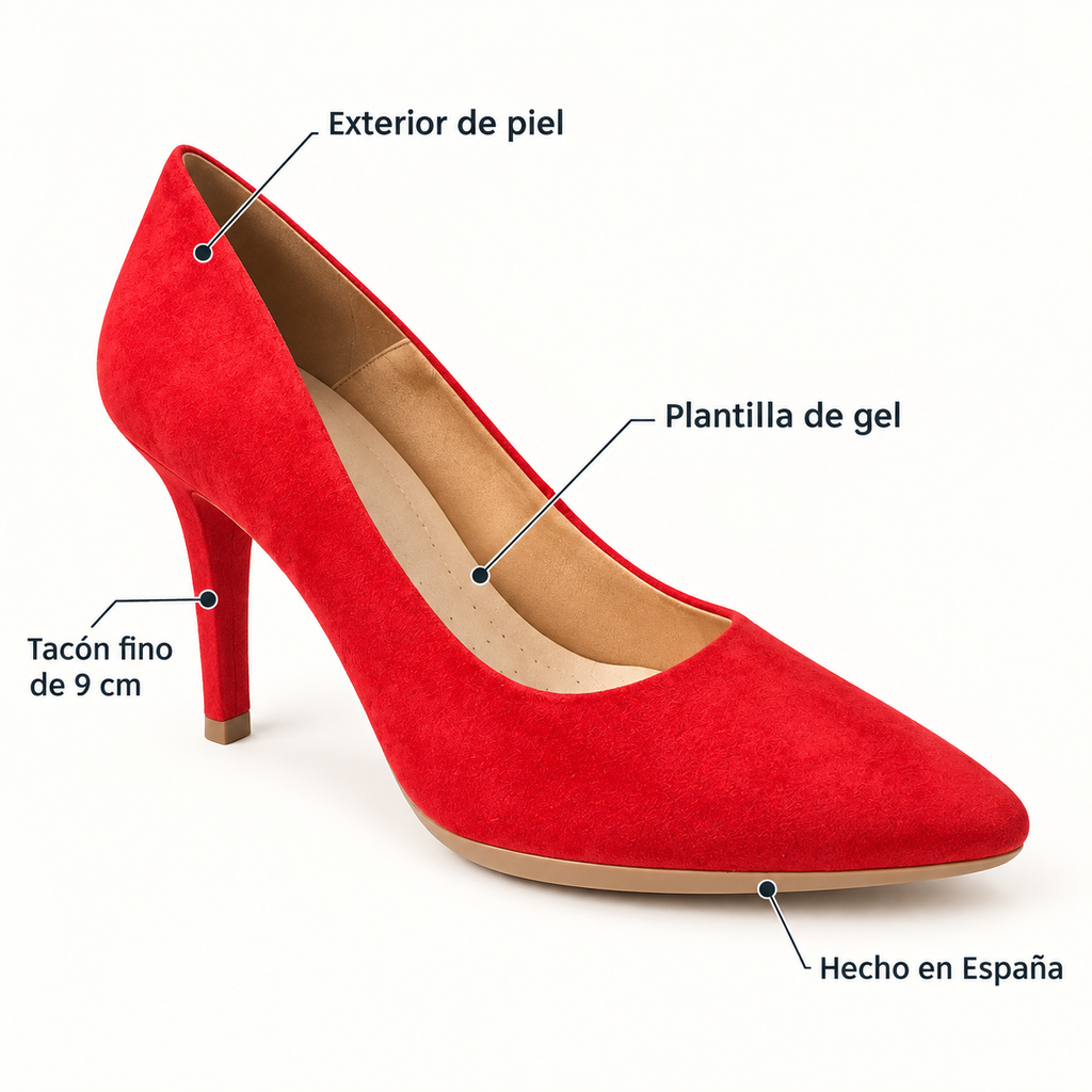 Características de los zapatos CHAMBY 4350: piel, plantilla de gel, tacón fino de 9 cm y hecho en España
