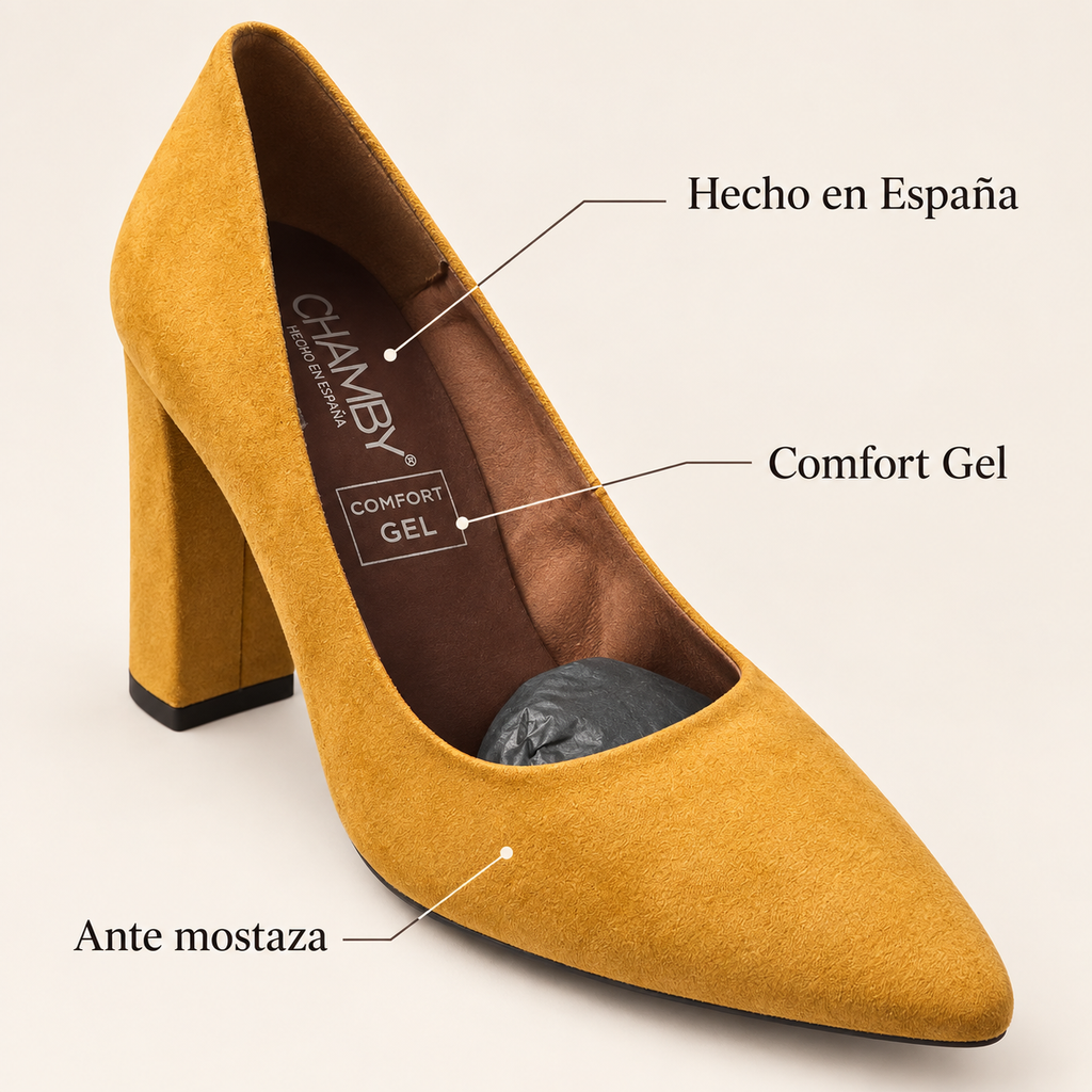Características de los zapatos CHAMBY 4770: ante mostaza, Comfort Gel y hecho en España