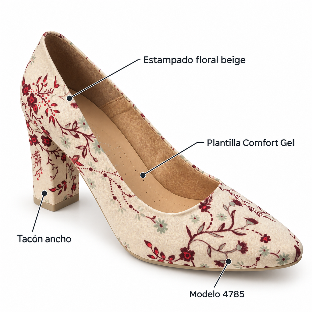 Características de los zapatos CHAMBY 4785: estampado floral beige, Comfort Gel y tacón ancho