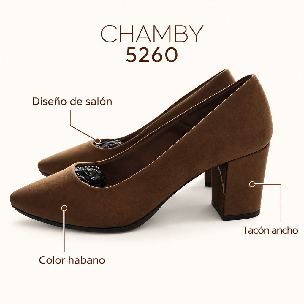 Detalles de los zapatos Chamby 5260: tacón ancho, diseño de salón y color habano