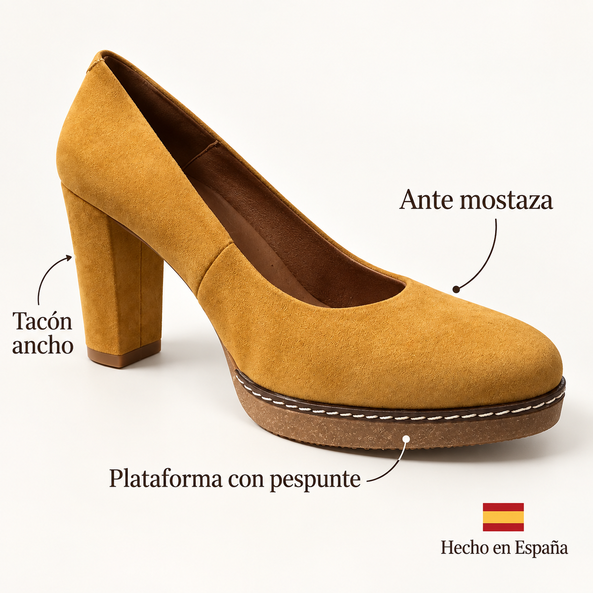 Características de los zapatos CHAMBY 5305: ante mostaza, tacón ancho, plataforma con pespunte y hecho en España