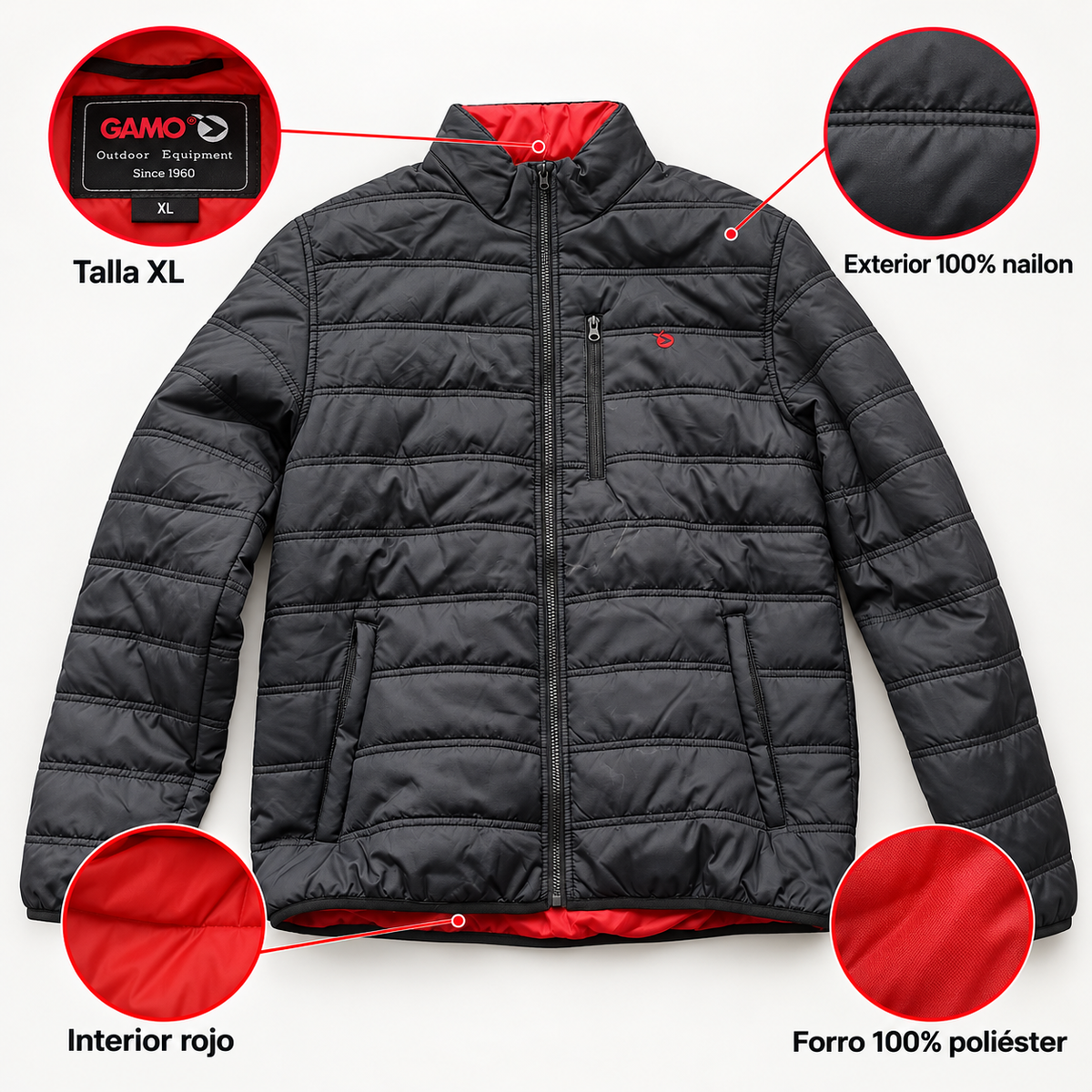 Características de la chaqueta acolchada Gamo negra y roja talla XL