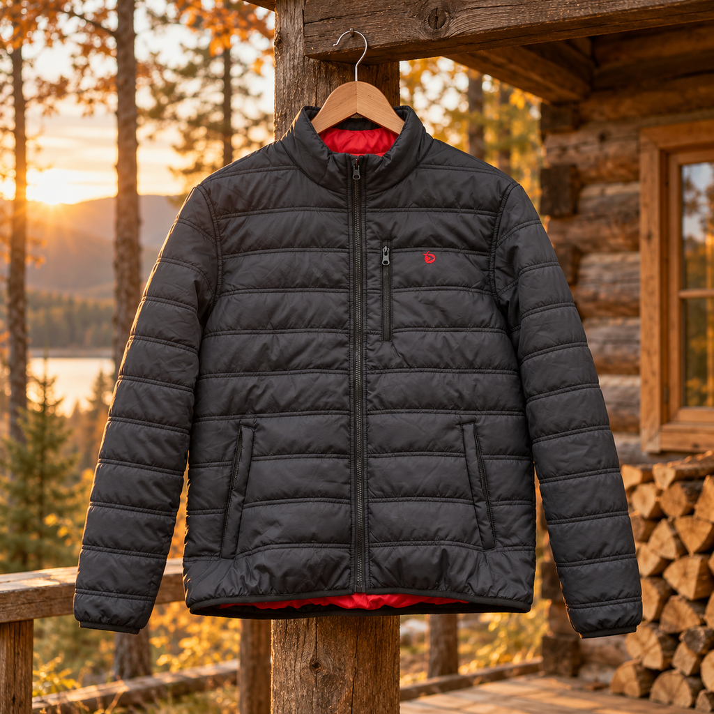 Chaqueta acolchada Gamo negra con interior rojo en ambiente exterior