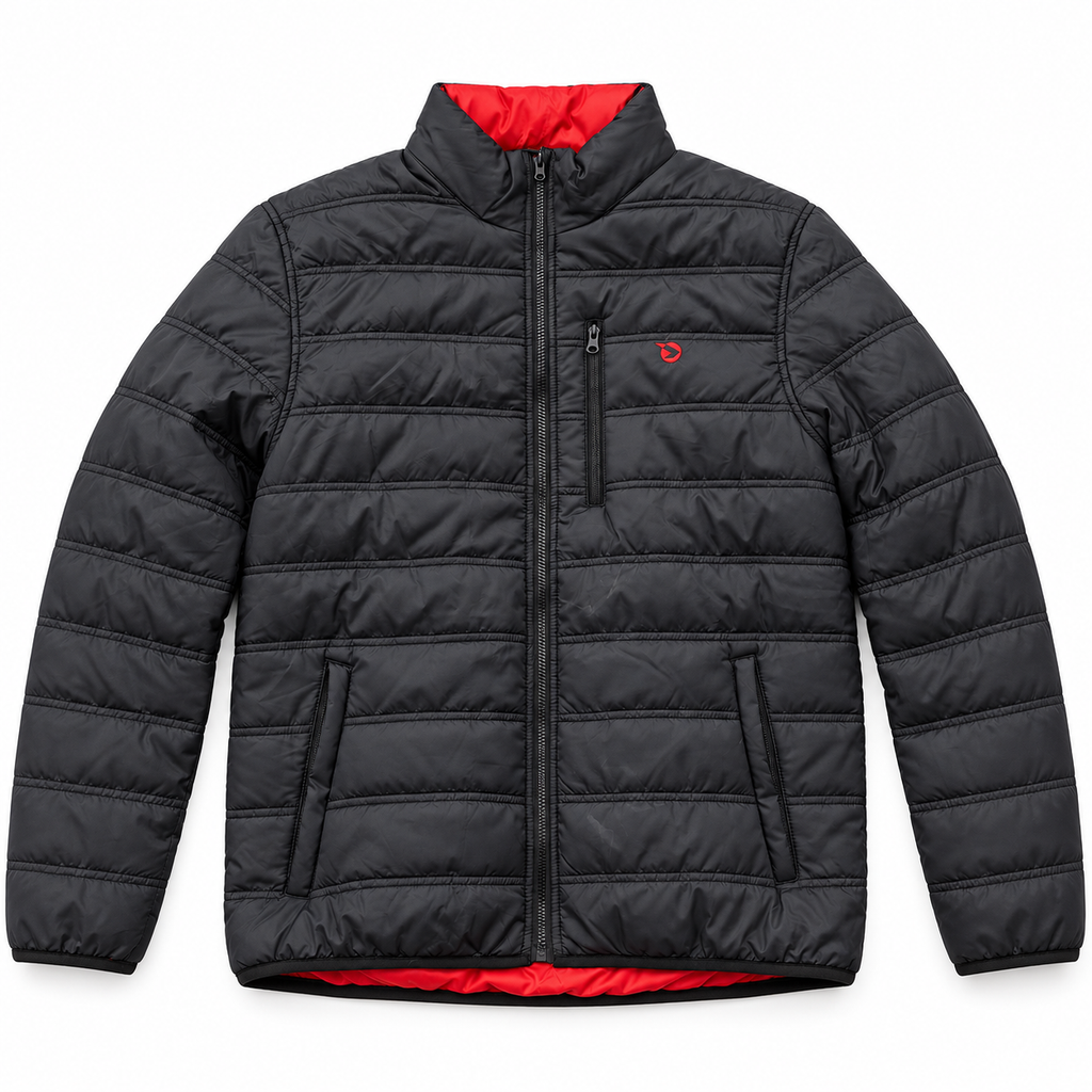 Chaqueta acolchada Gamo negra con interior rojo talla XL sobre fondo blanco