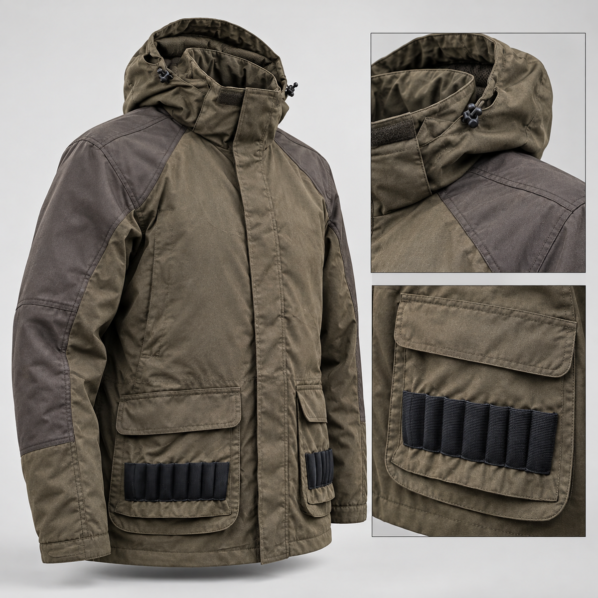 Detalles de capucha, refuerzos y cananas de la chaqueta Gamo verde talla XL