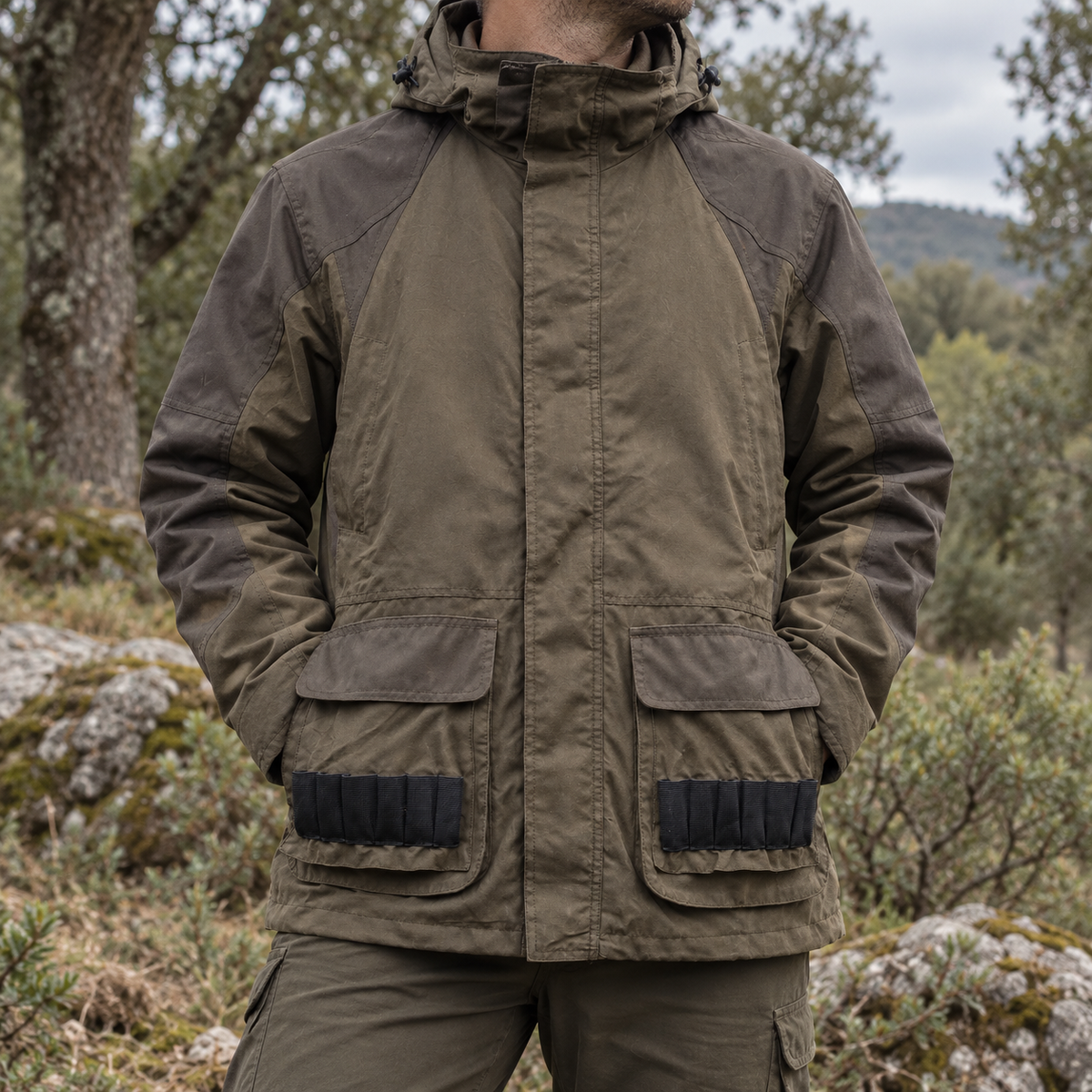 Chaqueta Gamo verde oliva con cananas talla XL en entorno de campo
