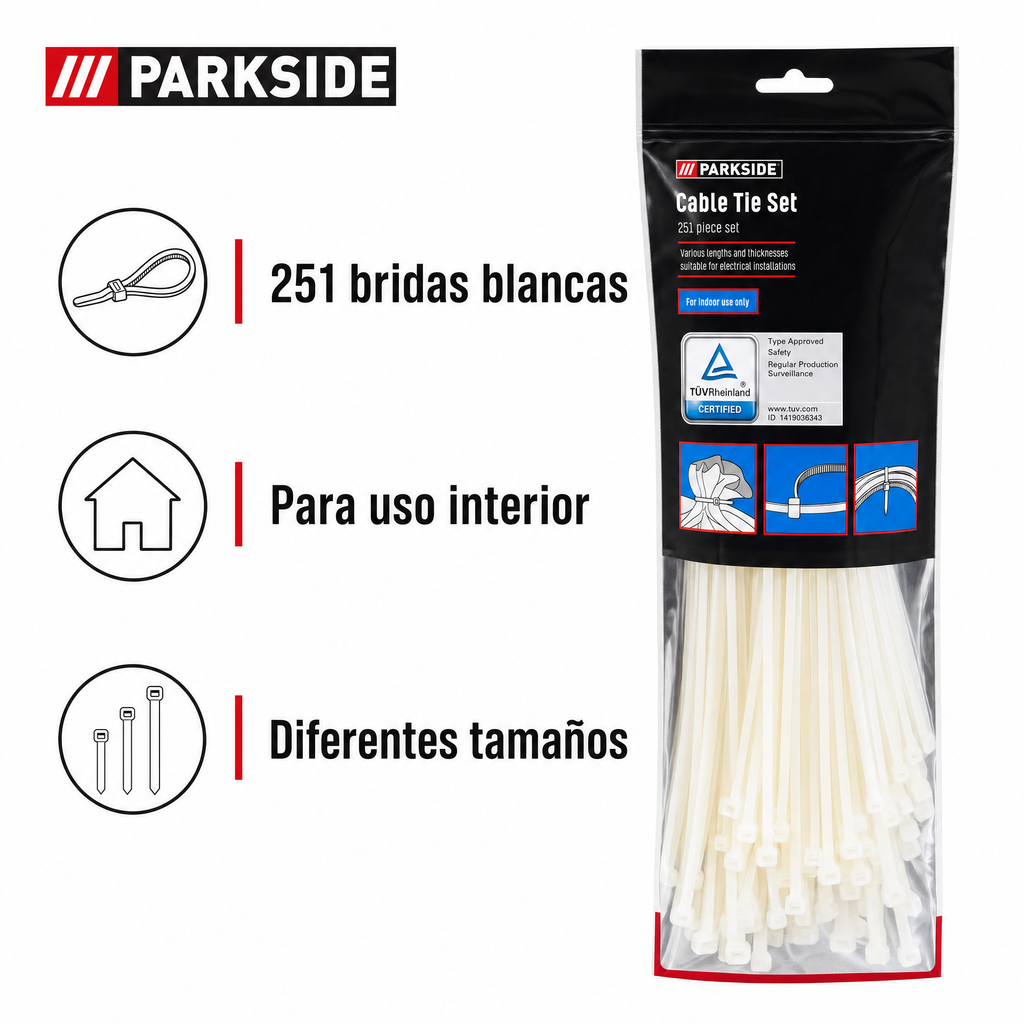 Parkside Set de 251 Bridas Blancas para Interior