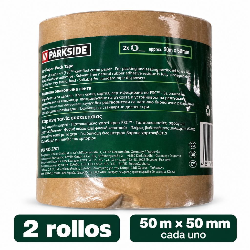 Cinta Parkside: dos rollos de 50 metros por 50 milímetros cada uno