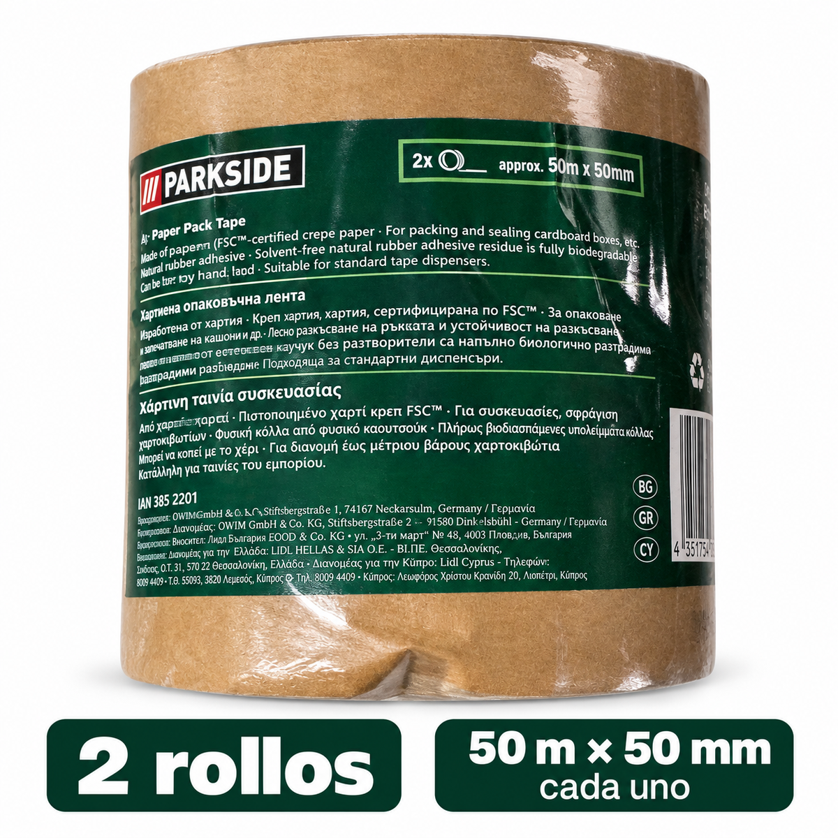 Cinta Parkside: dos rollos de 50 metros por 50 milímetros cada uno