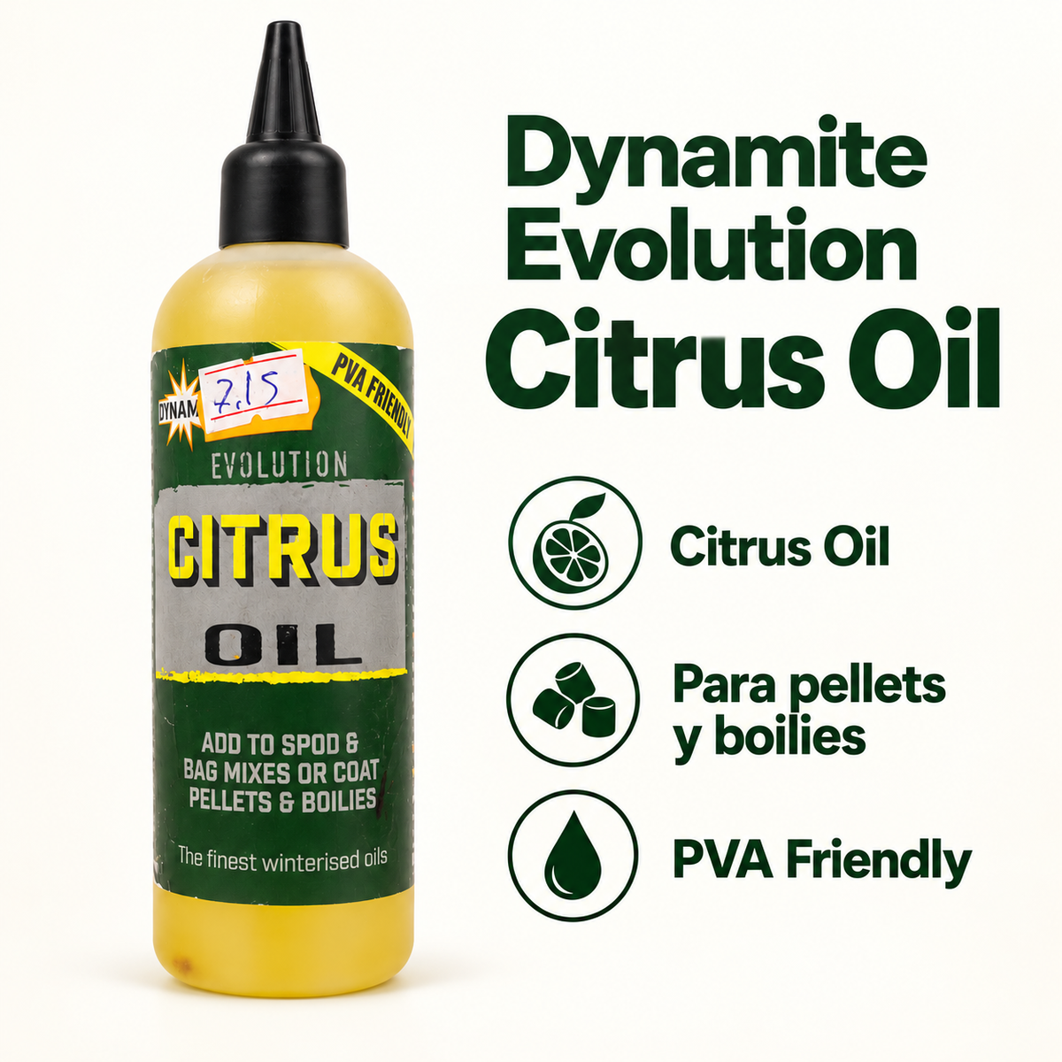Características de Dynamite Evolution Citrus Oil para cebos