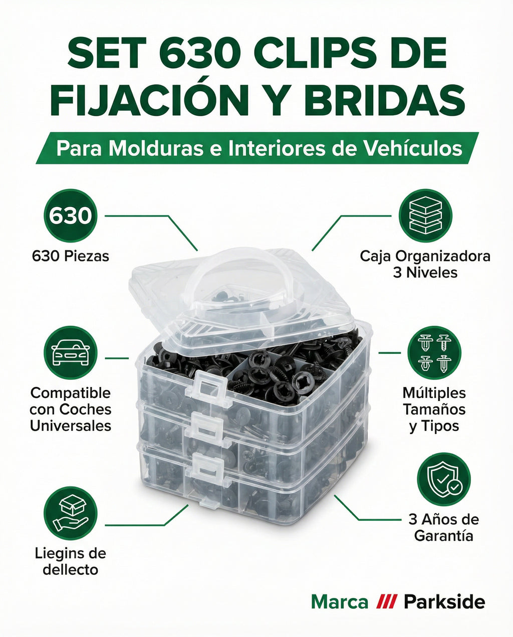 Set 630 Clips de Fijación y Bridas para Vehículos con Organizador | Parkside