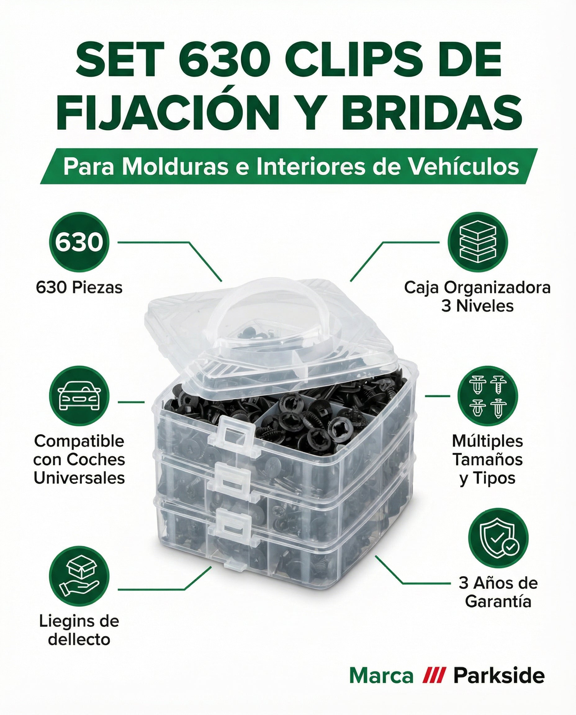 Set 630 Clips de Fijación y Bridas para Vehículos con Organizador | Parkside